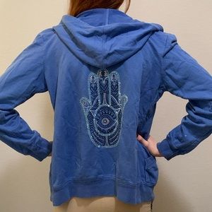 FULL ZIP HOODIE BLUE SWEATSHIRT BEADED EMBELLISHED HAMSA HAND GIRLS LONG SLEEVE